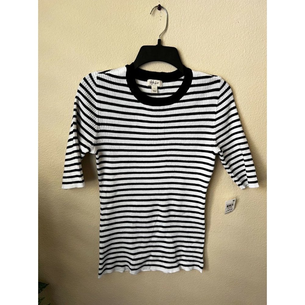 Style&Co. Women L Knit Top Black White Striped Half Sleeve Crew Neck